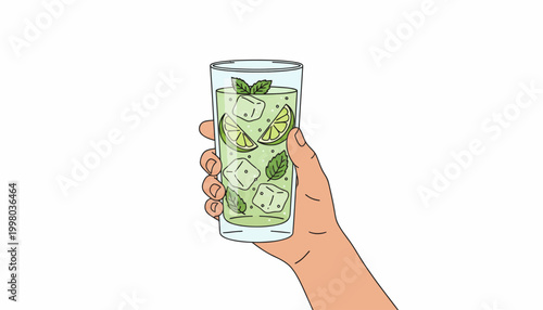 Refreshing mojito drink, hand holding glass, ice cubes, mint leaves, summer cocktail