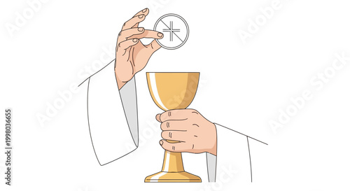 Eucharist, communion, priest hands holding chalice and host, gold cup, white robe, Christian ritual, religious symbol