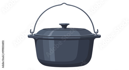 Dark blue cast iron pot with lid and handle, cooking vessel, kitchenware, cookware, illustration