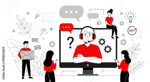 Customer support, help desk, call center, team collaboration, business communication icons