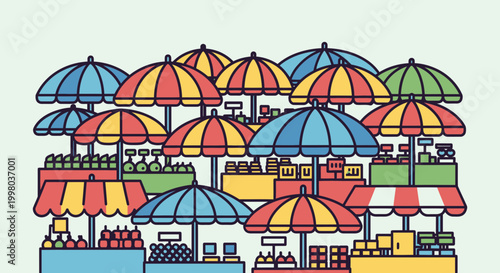 Vibrant colorful market stalls with umbrellas and awnings on a light green background illustration