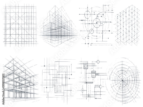 Print  Modern Architectural Line Texture Collection with Blueprint Inspired Grids, Structural Frameworks and Technical Line Compositions, Minimal White Background, Sharp Precision Vector Design