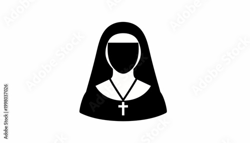 Nun, Catholic nun icon, black silhouette, religious symbol, vector illustration