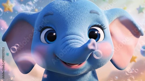 Close-up of a cheerful blue elephant with bubbles