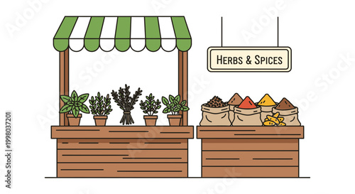 Vibrant vector illustration of a fresh herbs and spices market stall with wooden counters green striped awning potted plants and colorful spice bags on a clean white background