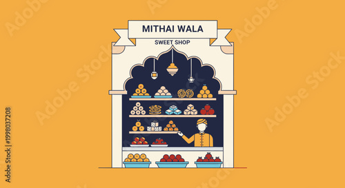 Traditional indian sweet shop mithai wala with colorful sweets and desserts on display