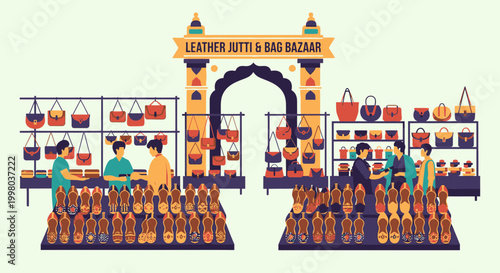 Vibrant indian market scene with leather goods and people shopping for shoes and bags