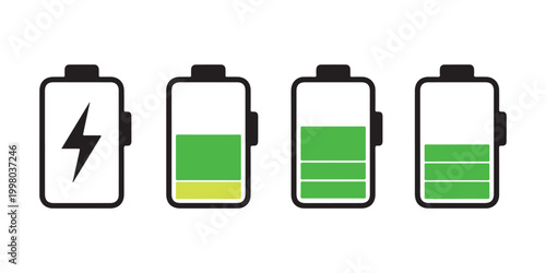Battery level indicator four stages of charge with lightning bolt silhouette