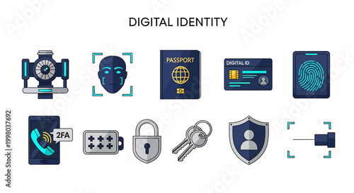 Digital identity and security icons.