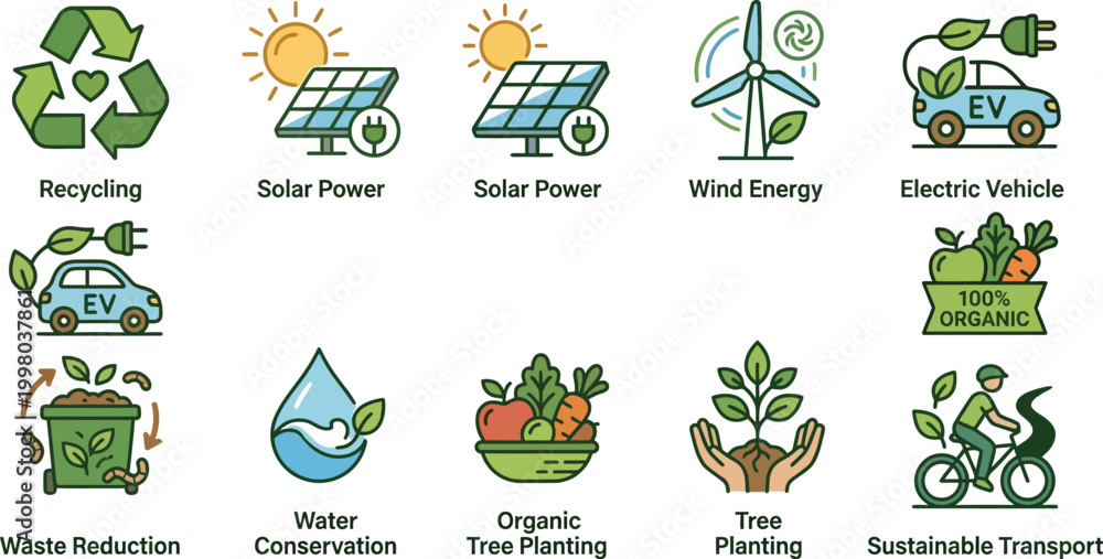 Fototapeta premium environmental icons set with recycling solar power wind energy and sustainable transport symbols high quality professional detailed