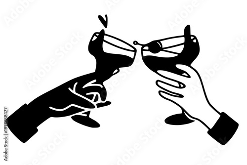 Minimalist vector illustration of two hands clinking cocktail glasses together for a toast. Stylized graphic perfect for party concepts, celebrations, success, and social events.
