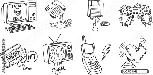 Retro Glitch Tech Sticker Set - Vintage Hardware and Analog Cyberpunk Vector Art