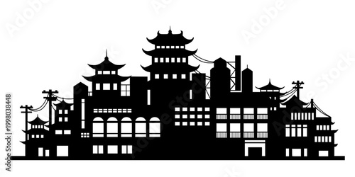 Silhouette illustration of a Chinatown cityscape featuring traditional pagoda architecture, buildings, and utility poles. A stylized urban skyline perfect for travel, cultural, or themed design projec