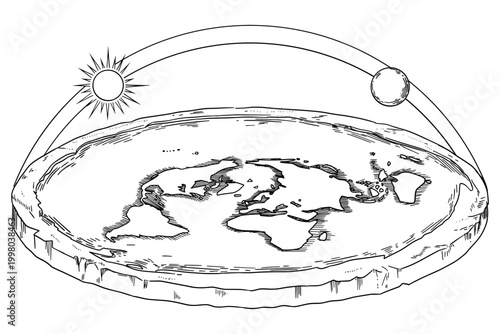 Vintage-style sketch illustrating a flat earth concept. Features a disk planet with continents, a firmament dome, and celestial bodies. Ideal for cosmology, speculative science, and alternative geogra