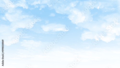 Cloudscape with puffy cumulus clouds against blue sky and sun