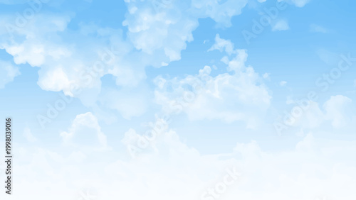 Bright blue sky dotted with voluminous white cumulus clouds on a clear sunny day. 