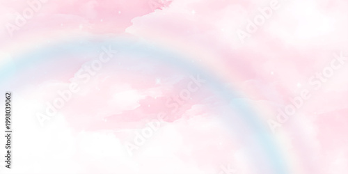 Bright beautiful pink sky with clouds and rainbow effect