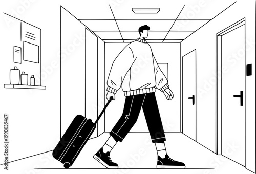 Young man walking in hotel hallway with suitcase travel illustration isolated on white