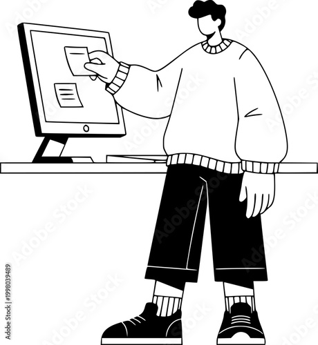Young man placing sticky notes on computer screen planning illustration isolated on white