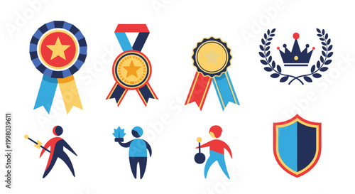 Colorful set of achievement award icons featuring laurel wreaths, crowns, shields, medals, and silhouette winning athletes.
