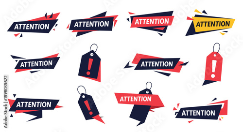 Collection of graphic attention banners and promotional tags in red, black, and yellow styles with exclamation marks.