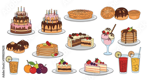 Assorted collection of various delicious desserts including layered cakes, pancakes, ice cream, pastries, and fresh fruits.