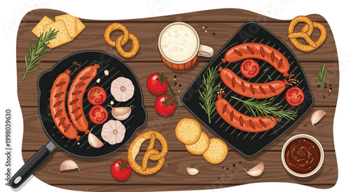 Top view of tasty grilled sausages in cast iron pans with garlic, tomatoes, pretzels, and a cold beer on a rustic wooden table.