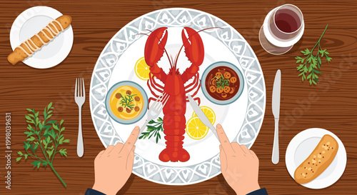 Overhead view of a delicious seafood dinner featuring a cooked lobster served with lemon slices and dipping sauces on a wooden table.