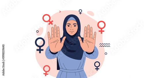 Brave woman in a blue hijab holding up both hands in a stop gesture surrounded by female gender symbols for empowerment.