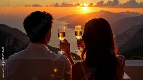 Slow motion pan shot of couple toasting with wine glasses while watching sunset over coastal mountains from balcony terrace