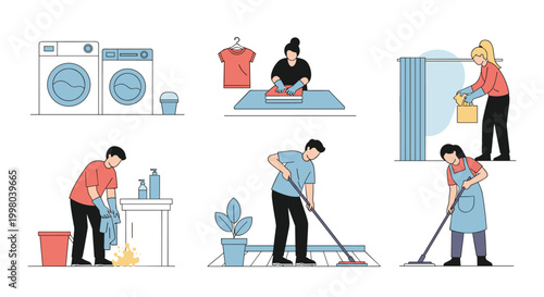 Daily household chores shown through people washing clothes, mopping floors, and doing various laundry tasks.