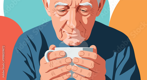 Emotional close-up of an elderly man with closed eyes holding a hot mug of coffee or tea while enjoying the steam and aroma.