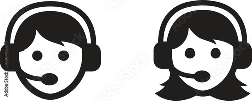 Two black and white icons of women wearing headsets for communication