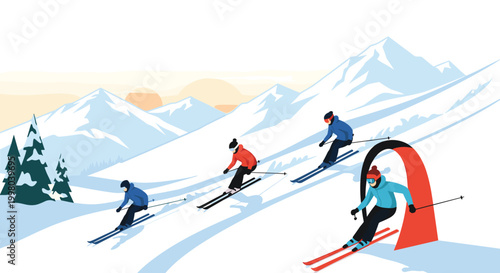 Group of skiers gliding down a snow covered mountain slope on a sunny winter day with white peaks in the background landscape.