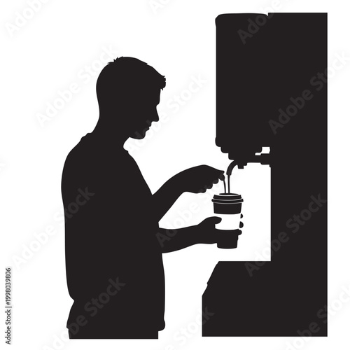 Man Getting Coffee from Vending Machine Silhouette - Convenience Drink Service with Hot Beverage Dispenser on White Background