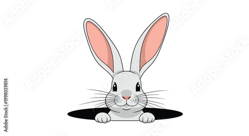Close-up illustration of a charming white rabbit with pink ears peeking out from a dark hole on a simple white background for children.