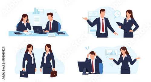 Four panels showing male and female business professionals engaged in different office activities including meetings, calls, and stress.