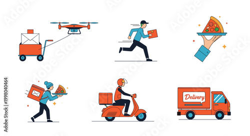 Modern delivery service concepts showing a drone courier scooter truck and pizza delivery options in a clean vector style.