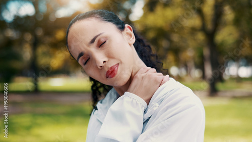 Woman, neck pain and fitness with injury in park for workout accident, mistake or strain. Active, female person or sore ache with discomfort for muscle tension, fibromyalgia or inflammation in nature