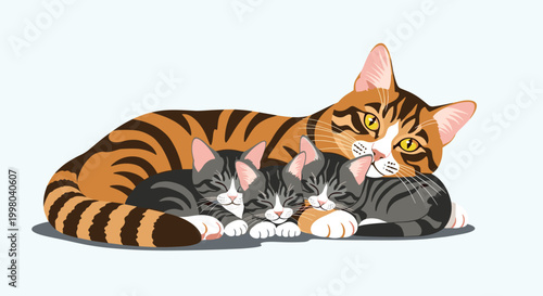 Mother cat lying down and cuddling with her three kittens in a sweet and heartwarming illustration on a light blue background.