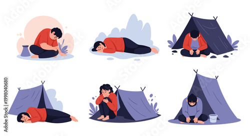 Illustrations of homeless people in various difficult situations including sitting on streets and living in makeshift tents.