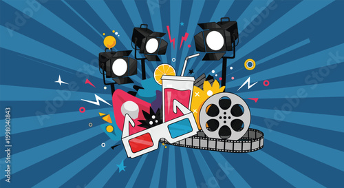 Cinema and movie themed illustration with 3D glasses film reel popcorn soda and studio lights on a blue ray background.