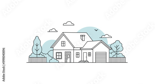 Minimalist line art illustration of modern suburban house with trees and garden provides clean architectural concept for real estate.