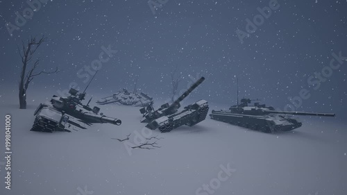 Abandoned Modern Tank in Heavy Snow Winter