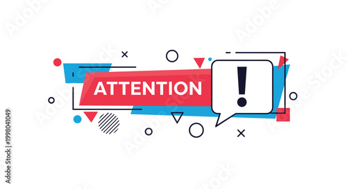 Colorful attention banner with exclamation mark and abstract geometric shapes serves as striking visual for urgent notifications and alerts.