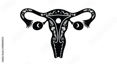 Artistic black and white illustration of female reproductive system adorned with floral patterns celebrates womens health and anatomy.