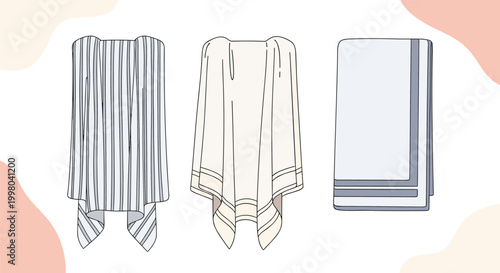 Set of three different towels in various textures and folds represents bathroom accessories home textile and personal hygiene products.
