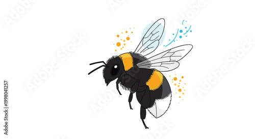 Detailed illustration of fuzzy bumblebee in flight with pollen particles captures the essential role of insects in pollination and nature.