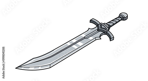 Silver medieval sword with detailed hilt and sharp blade represents chivalry defense and historical warfare equipment in games or movies.