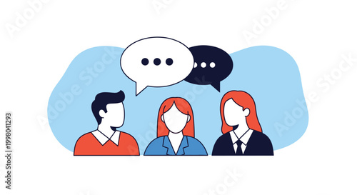 Diverse group of young professionals engaged in conversation with speech bubbles represents communication teamwork and exchange of ideas.